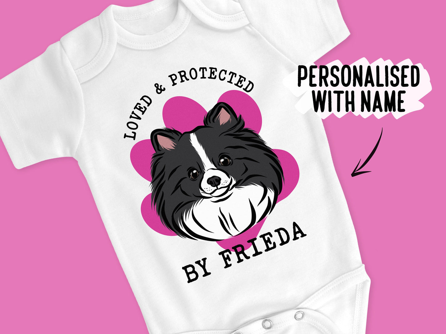 Pomeranian Baby Bodysuit/ Protected By Cute Dog Baby Vest/ Personalised Pomeranian Baby Grow/ Customised Dog Breed Portrait Baby Romper Gift