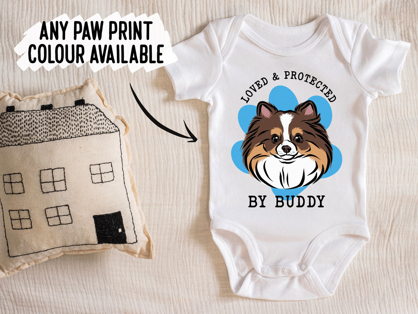 Pomeranian Baby Bodysuit/ Protected By Cute Dog Baby Vest/ Personalised Pomeranian Baby Grow/ Customised Dog Breed Portrait Baby Romper Gift