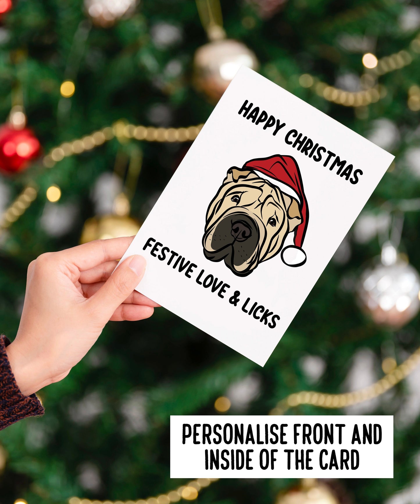 Shar Pei Merry Christmas Card/ Personalised Shar Pei Greeting Card/ Festive Dog Celebration Card/ Custom Shar Pei Owner Name Greeting Card