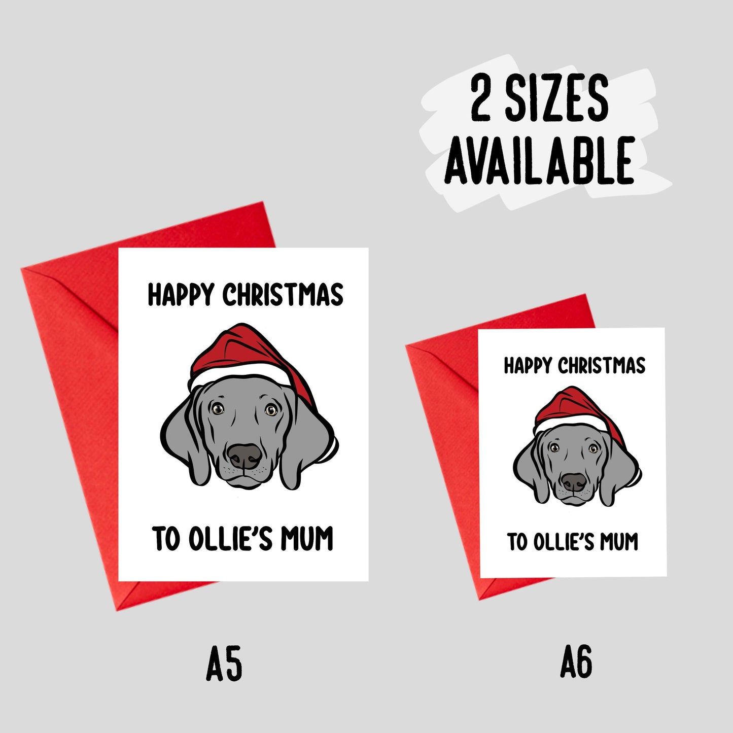 Weimaraner Christmas Card/ Personalised Dog Breed Festive Card/ Weimaraner Face Greeting Card/ Custom Dog Portrait Merry Christmas Card