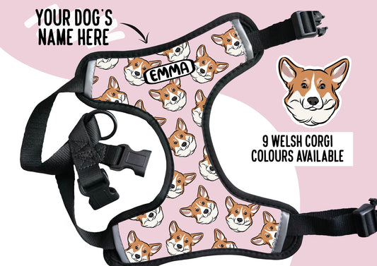 Personalised Corgi Harness/ Bespoke Corgi Face Pattern Harness/ Step In Dog Harness/ Adjustable Harness for Corgi/ Unique Dog Name Harness