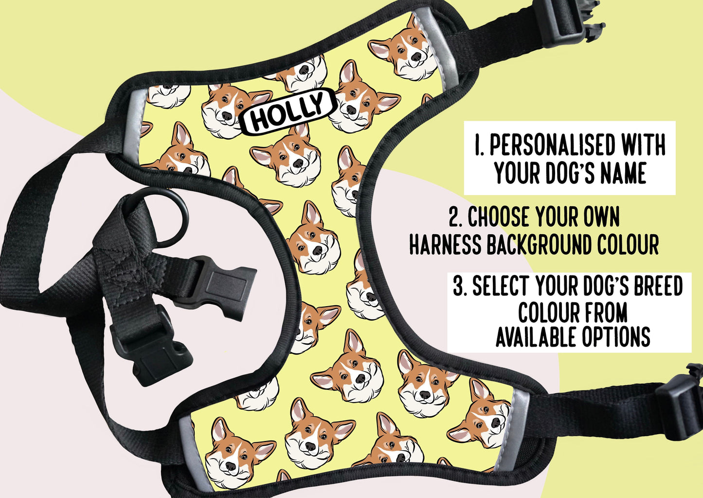 Personalised Corgi Harness/ Bespoke Corgi Face Pattern Harness/ Step In Dog Harness/ Adjustable Harness for Corgi/ Unique Dog Name Harness