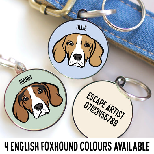 English Foxhound ID Tag/ Personalised Dog Breed Illustration Tag/ Metal Dog Tag/ English Foxhound Collar Identity Tag/ Foxhound Owner Gift