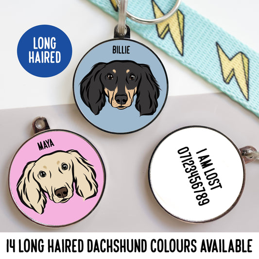Long Haired Dachshund ID Tag/ Personalised Sausage Dog Collar Tag/ Dachshund Face Identity Tag/ Custom Metal Dog Tag/ Sausage Dog Mum Gifts