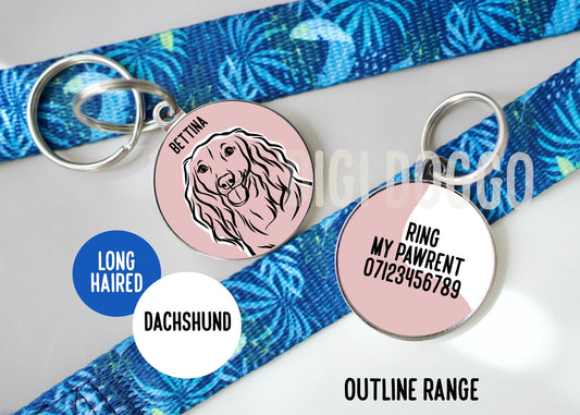 Long Haired Dachshund Outline Tag/ Customised Dog Breed Collar Charm/ Bespoke Long Haired Dachshund Owner Gift/ Pet Memorial Keepsake Gift