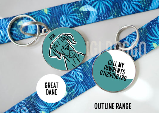 Great Dane Outline ID Tag/ Personalised Dog Outline Collar Tag/ Bespoke Great Dane Identity Metal Tag/ Customised Great Dane Portrait Gifts