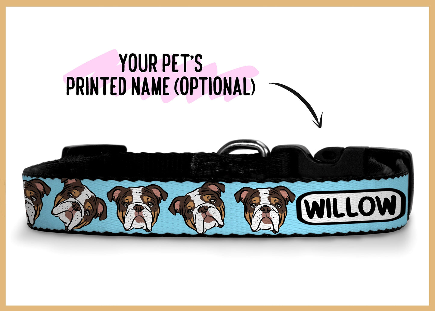 English Bulldog Collar/ Customisable Dog Print Collar/ Personalised Pet Patterned Collar/ Dog Collar With Name/ Bully Breed Owner Gifts