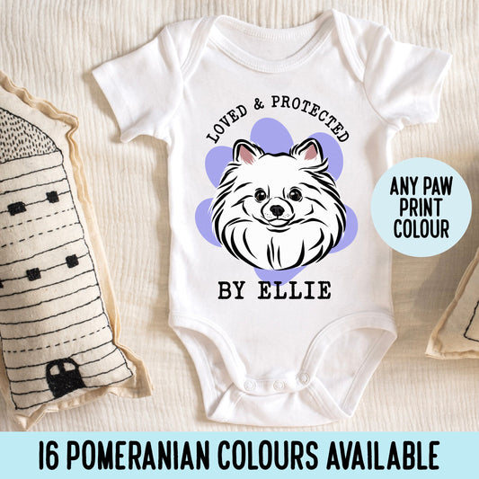 Pomeranian Baby Bodysuit/ Protected By Cute Dog Baby Vest/ Personalised Pomeranian Baby Grow/ Customised Dog Breed Portrait Baby Romper Gift