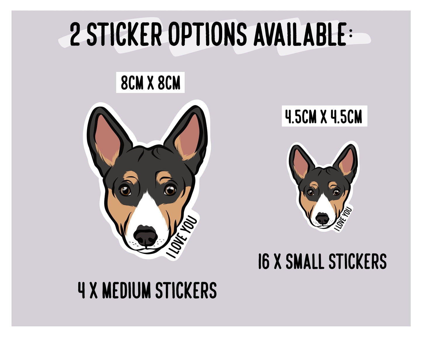 Personalised Basenji Stickers/ Custom Cute Basenji Face Die Cut Stickers/ Basenji Owner Name Laptop Stickers/ Dog Lover Sticker Bundle