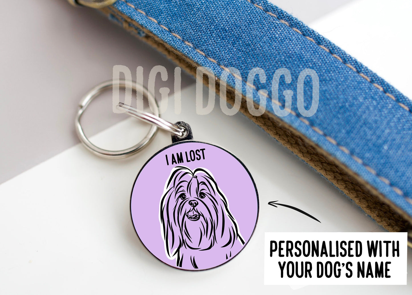 Lhasa Apso Outline ID Tag/ Customised Dog Breed Face Circle Tag/ Personalised Lhasa Apso Portrait Pet Tag/ Unique Dog Owner Lovely Gift