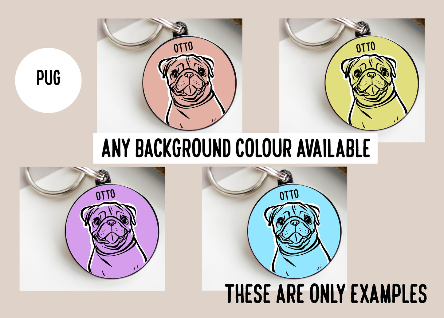 Pug Outline ID Tag/ Custom Pug Face Identity Metal Tag/Outline Dog Drawing Tag/ Dog Breed Tag/ Cute Pug Microchip Collar Tag/ Pug Owner Gift