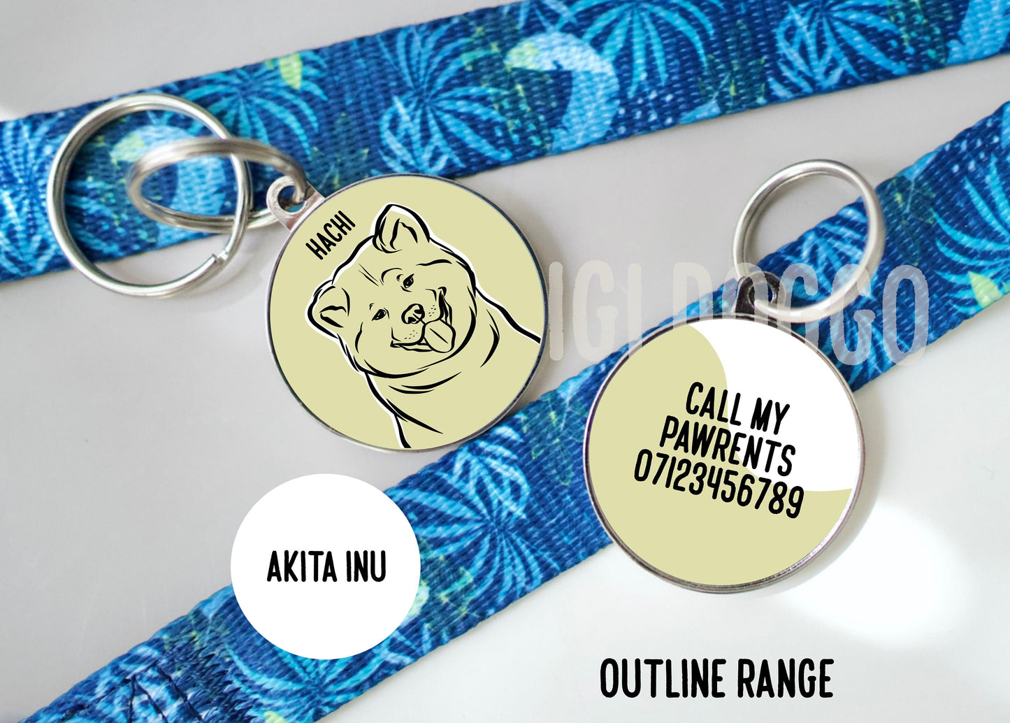 Akita Inu Outline ID Tag/ Personalised Trendy Dog Charm/ Akita Inu Owner Cute Gift/ Dog Breed Line Drawing Collar Charm/ Pet Keepsake Gift