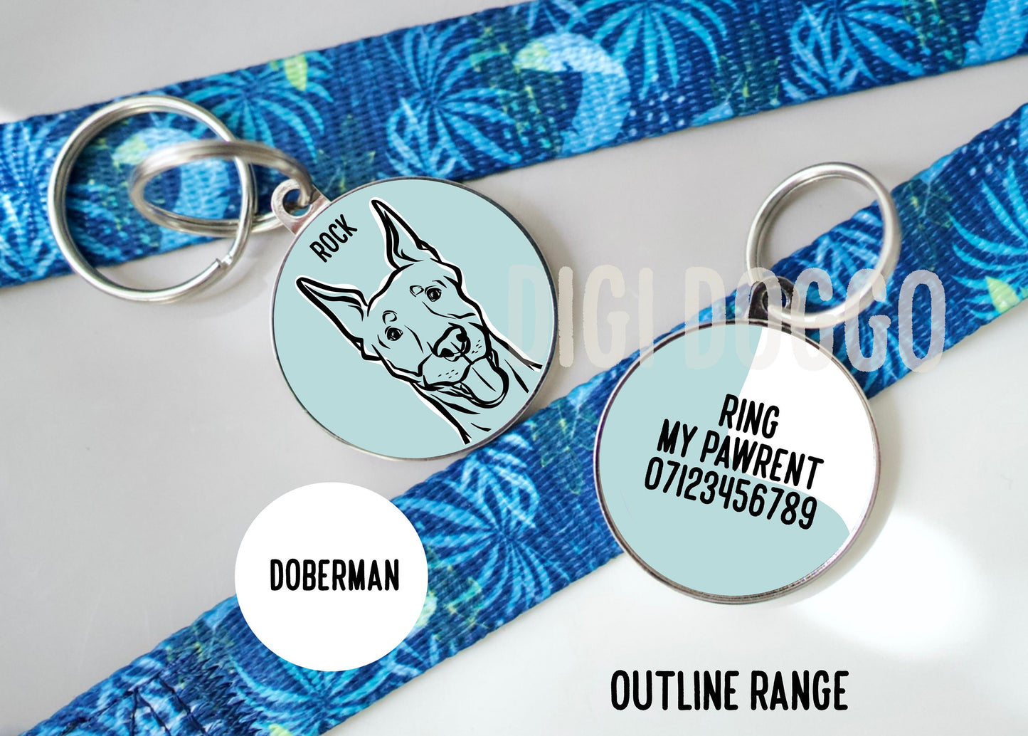 Doberman Outline ID Tag/ Dog Breed Line Drawing Collar Tag/ Personalised Circle ID Dog Collar Charm/ Bespoke Doberman Owner Gift