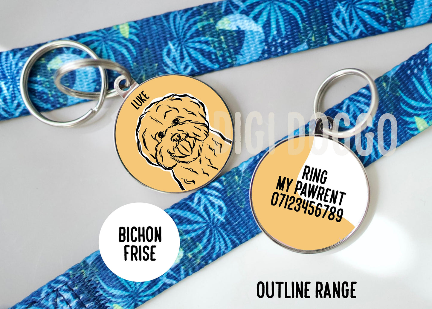 Bichon Frise Outline ID Tag/ Customised Dog Breed Portrait Outline Tag/ Personalised Trendy Dog Tag/ Bichon Frise Bespoke Gift/Keepsake Gift