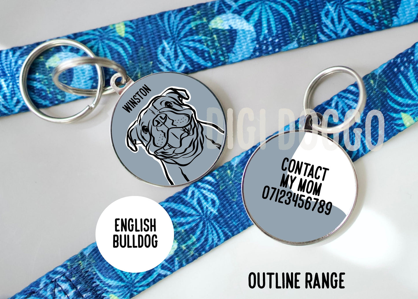 English Bulldog Outline ID Tag/ Dog Breed Line Drawing Collar Tag/ Personalised Trendy Pet Charm/ Unique English Bulldog Gift/ Keepsake Gift