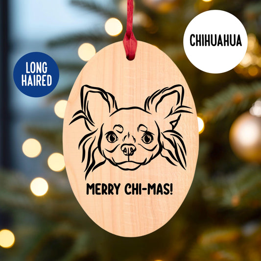 Long Haired Chihuahua Christmas Wooden Ornament