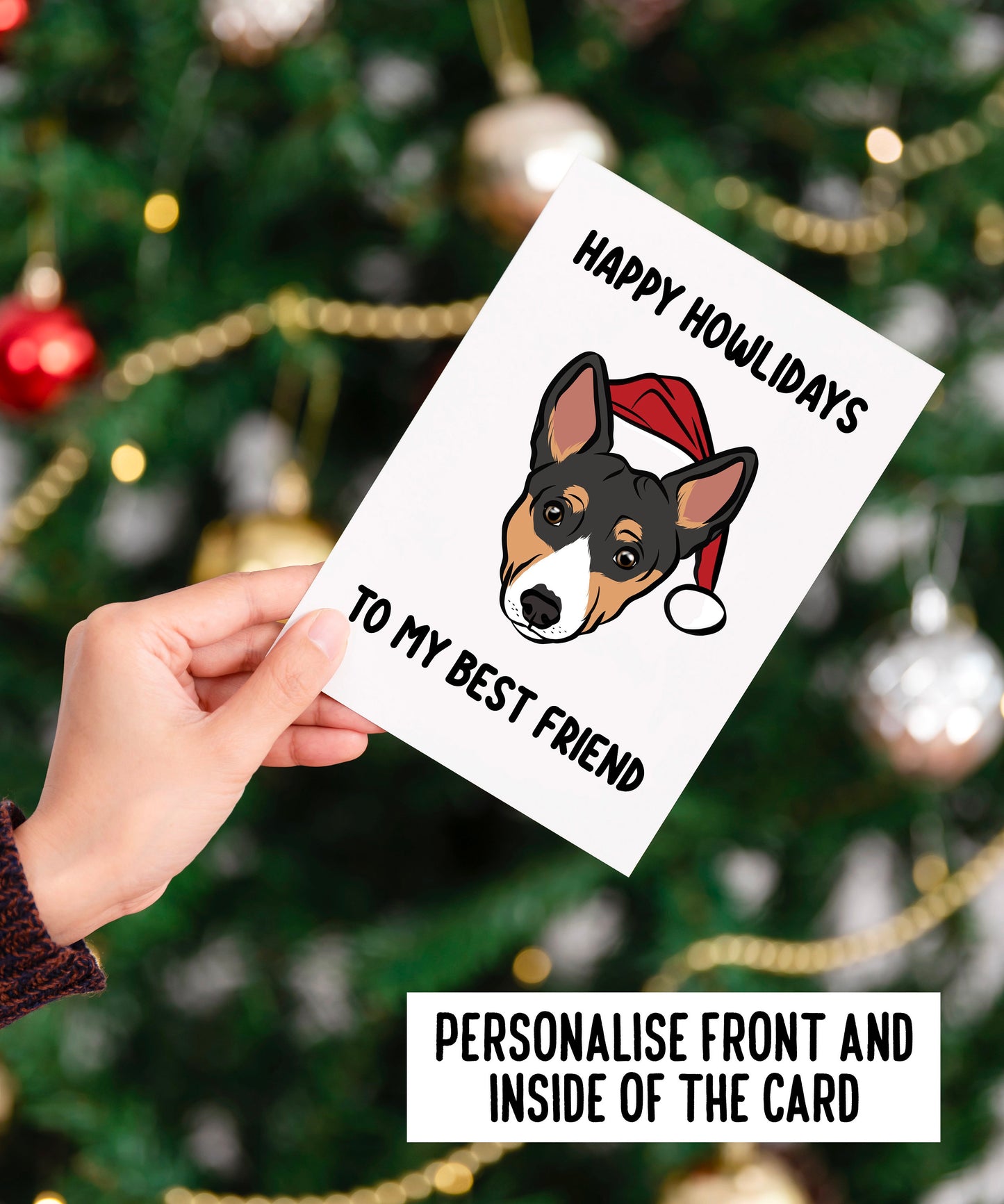 Basenji Christmas Card/ Personalised Dog Breed Portrait Greeting Card/ Festive Dog Owner Folded Card/ Basenji Customised Celebration Card
