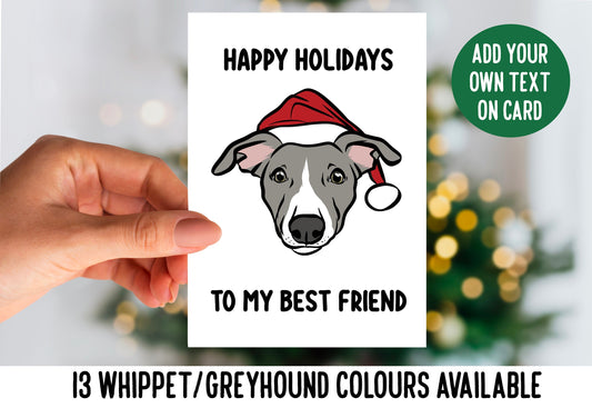 Whippet Christmas Card/ Customised Greyhound Face Greeting Card/ Cute Whippet Lover Merry Christmas Festive Card/  Personalised Dog Card