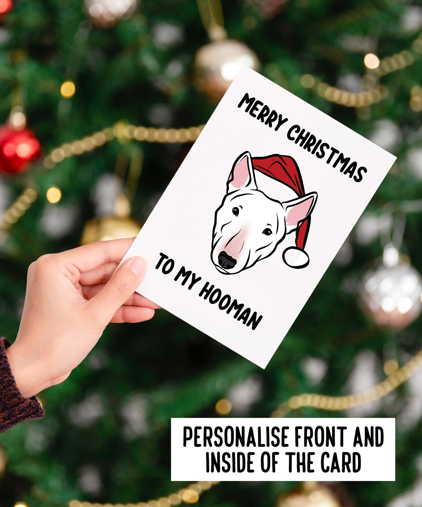 Bull Terrier Merry Christmas Card/ Custom Bully Breed Greeting Card/ Dog Portrait Festive Card/ Bull Terrier Owner Personal Greeting Card