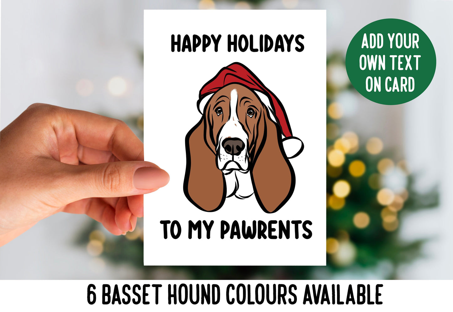 Basset Hound Christmas Card/ Customisable Dog Face Greeting Card/ Basset Hound Santa Hat Dog Owner Card/ Festive Dog Portrait Greeting Card