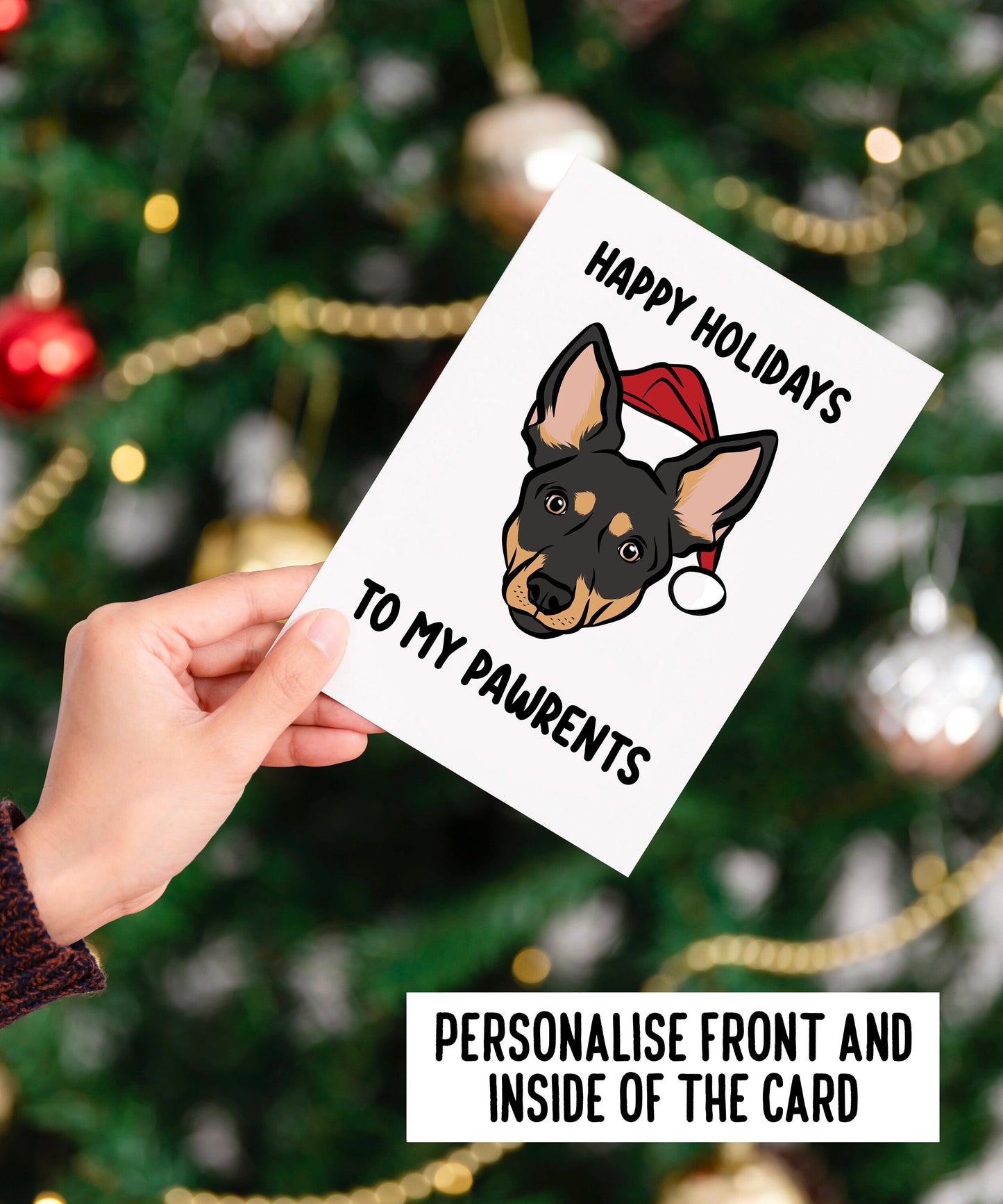 Australian Kelpie Christmas Card/ Personalised Kelpie Cartoon Greeting Card/ Customised Dog Owner Card/ Festive Dog Card/ Kelpie Owner Gift