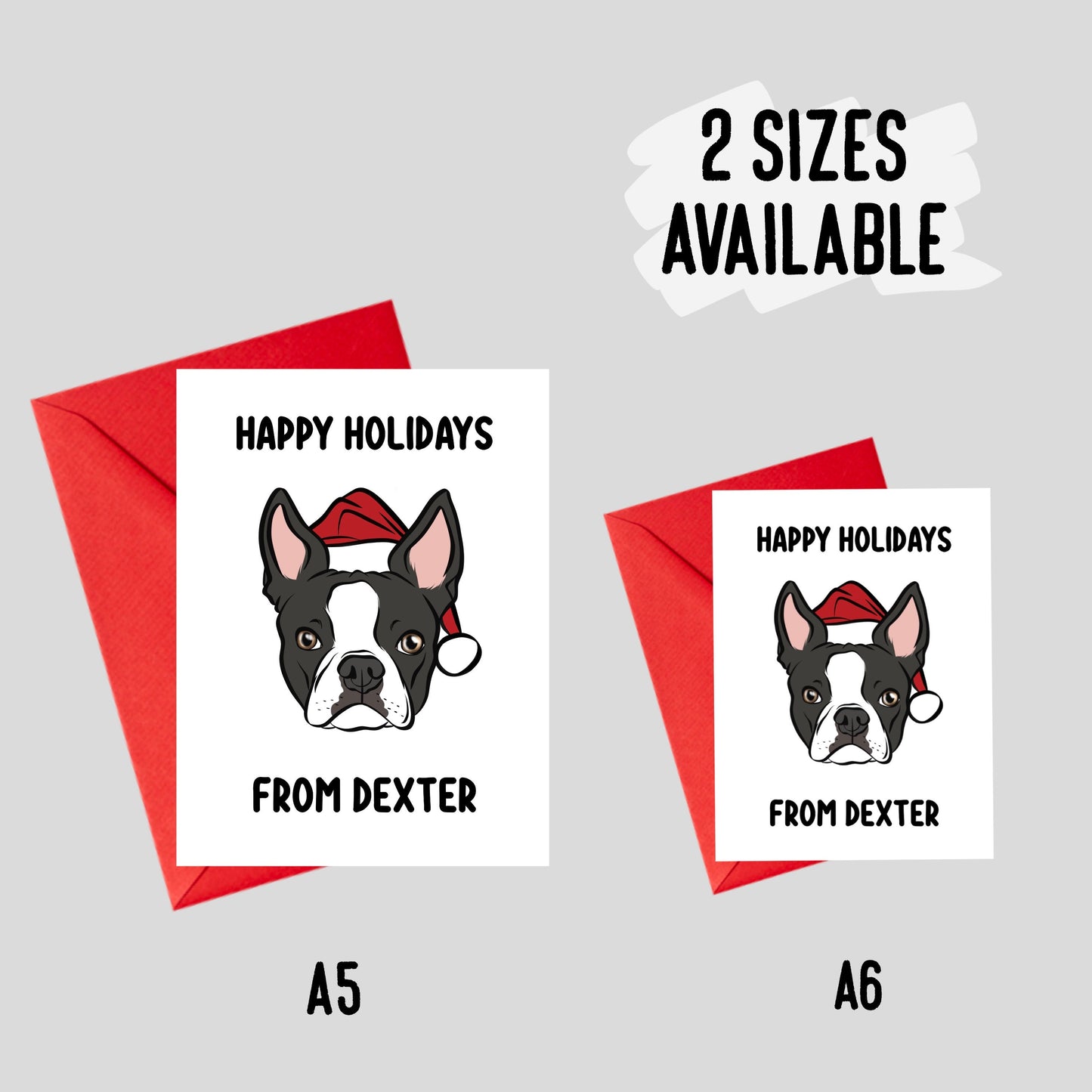 Boston Terrier Christmas Card/ Festive Santa Dog Greeting Card/ Personalised Dog Name Card/ Dog Owner Merry Christmas Card/ Pet Drawing Card