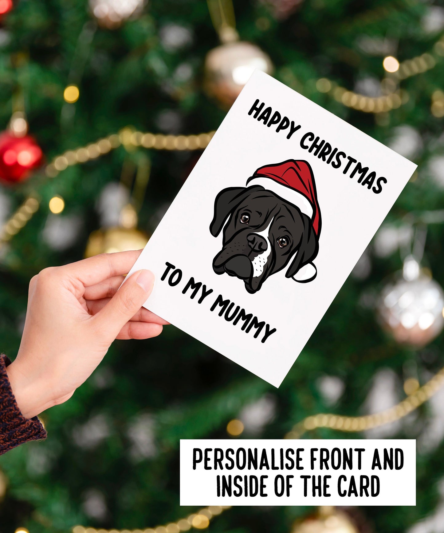 Boxer Dog Christmas Card/ Festive Boxer Face Greeting Card/ Personalised Dog Breed Merry Christmas Card/ Dog Owner Customised Greeting Card