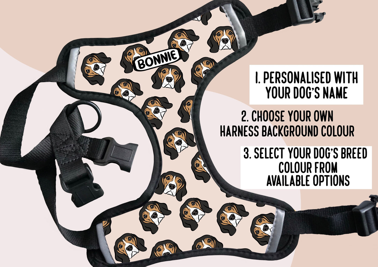 Personalised Beagle Harness Custom Beagle Face Print Harness Cute Dog Name Unique Harness Gift Step In Adjustable Harness for Beagle Owner
