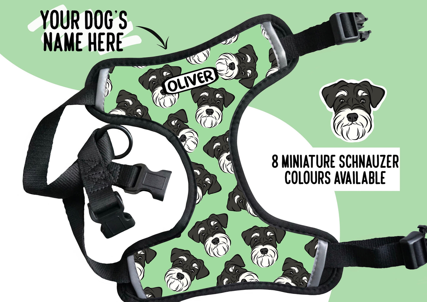 Miniature Schnauzer Harness Personalised Schnauzer Face Pattern Harness Custom Dog Name Harness Schnauzer Dog Owner Accessory Gift Idea
