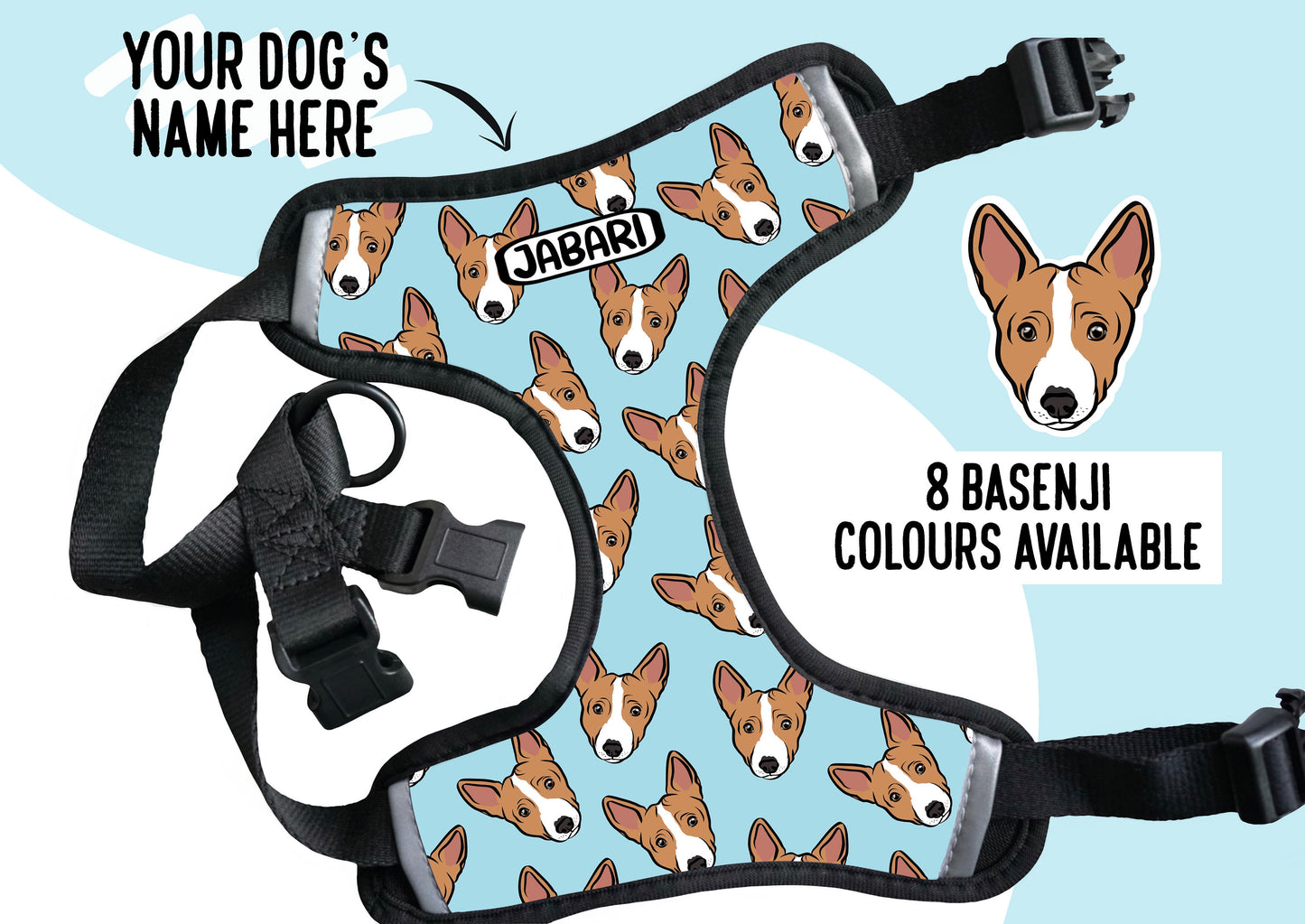 Personalised Basenji Harness/ Custom Basenji Breed Adjustable Harness/ Basenji Dog Walking Harness/ Basenji Face Harness/ Dog Owner Gifts