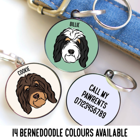 Bernedoodle ID Tag/ Personalised Dog Portrait Collar Tag/ Cute Bernedoodle Face Metal Tag/ Bernedoodle Owner Gifts/ Pet Identity Circle Tag