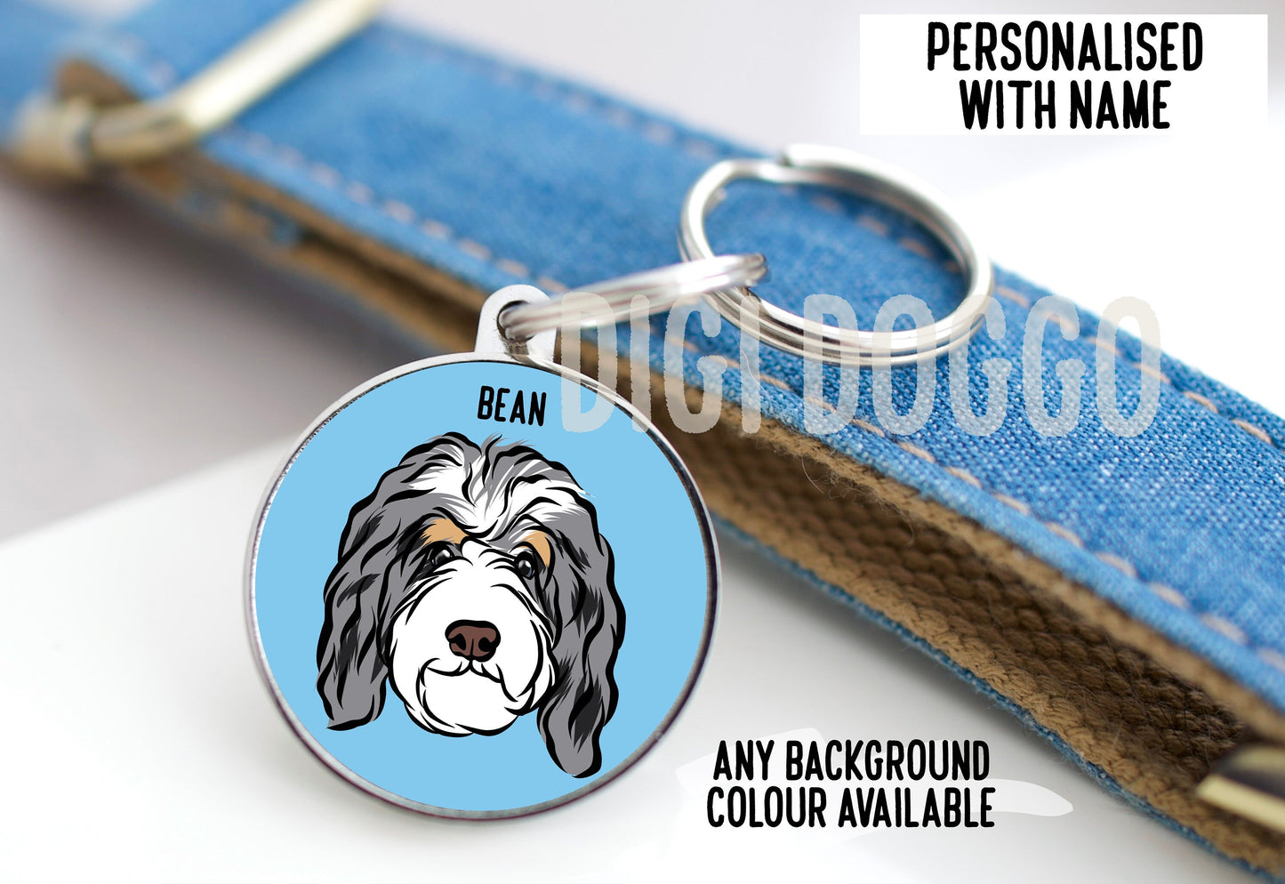 Bernedoodle ID Tag/ Personalised Dog Portrait Collar Tag/ Cute Bernedoodle Face Metal Tag/ Bernedoodle Owner Gifts/ Pet Identity Circle Tag