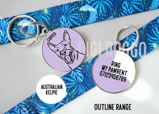 Australian Kelpie Outline ID Tag/ Personalised Dog Breed Face Metal Tag/ Cute Australian Kelpie Owner Gift/ Dog Lovers Gift/ Keepsake Gift