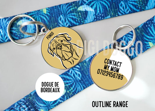 Dogue de Bordeaux Outline ID Tag/ Personalised Dog Breed Face Circle Tag/ Customised Dogue de Bordeaux Portrait Tag/ Stylish Dog Lovers Gift